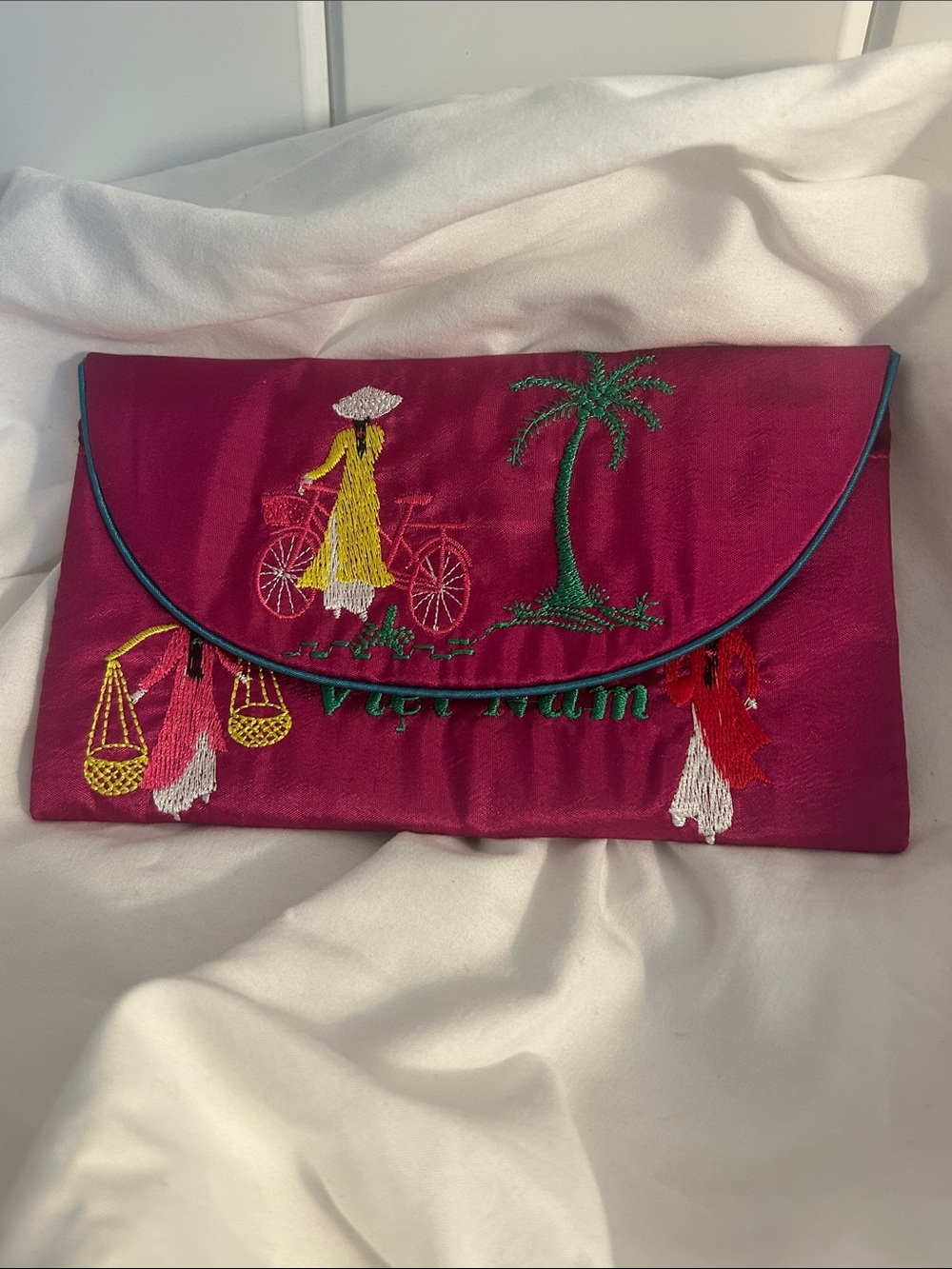 Vintage Hand-Embroidered Vietnam Pink Satin Clutch Wallet